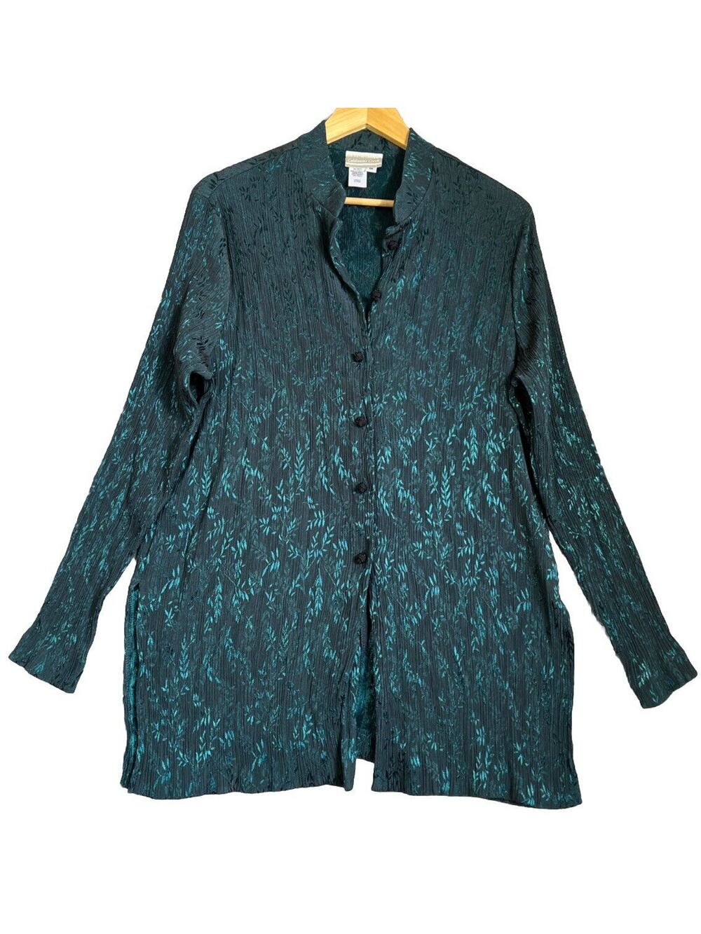 Coldwater Creek Tunic XL Dark Green Floral Knot Buttons Crinkle Shimmer Cocktail